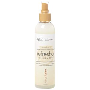 About this item FRESHEN SCENT : Enjoy the gentle, pleasant aroma of this refresher spray without the worry of an overpowering fragrance. CONTROL FRIZZ: The nourishing ingredients help bring moisture back into the hair (and/or skin), ultimately smoothing the shaft and resulting in frizz-free tresses HYDRATE: The various nutriet-rich ingredients found in the Citrus Fusion Refresher, work to restore moisture back into the hair NO BUILD UP: With an ultra-lightweight formula, The Refresher will NOT leave behind buildup or flakes; it can be used daily EDEN BodyWorks: For over a decade, coming up with straightforward solutions aimed at common, everyday beauty concerns has been EDEN’s promise to you. Inspired by nature, we offer quality products that treat and maintain the hair and body’s original design.