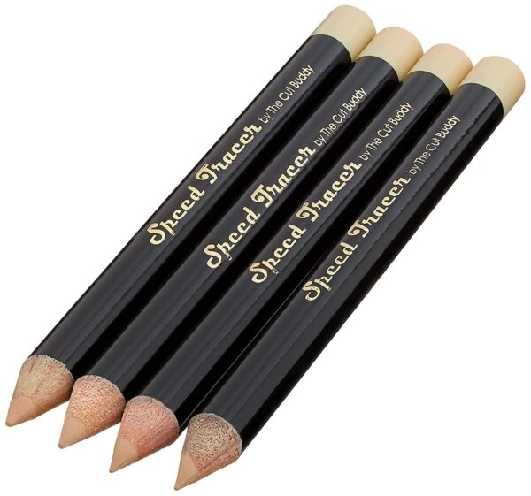 Four (4) Whitish Beige Color Barber Eyeliner Lining Pencils with Sharpener Use to outline your curves and lines before trimming Helps guide your trimmer along pencil mark Great to use with a shaper, trimmer, guide, or other hair tools The Cut Buddy sold separately. This is a 4 pack of Whitish Beige pencils only.