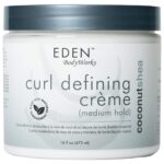 Scent Coconut Brand EDEN BodyWorks Item Form Cream Product Benefits Shining Hair Type Curly About this item DEFINE CURLS: Keep curls highly defined without crunch or build up. This Creme our top styler for thick curls and coils MOISTURIZE: Coconut Oil, Shea Butter, Aloe, Avocado Oil + other great ingredients absorb into the hair and work together to hydrate the + seal that moisture in, keeping strands from drying out RESIST HUMIDITY: Formulated to seal,